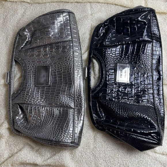 Lot of 2 Nicole Miller Faux Exotic Leather Clutch Kiss Lock‎ Black/silver - Picture 5 of 9